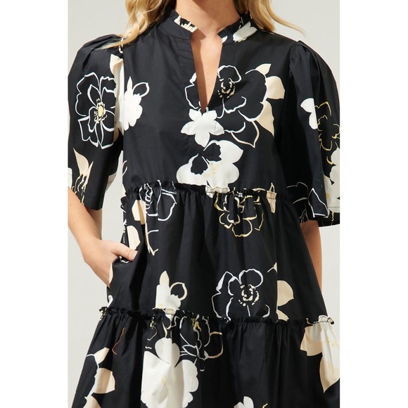 Sugarlips Dixie Split Neck Dress XS NWOT Black Taupe Floral Cotton Pockets Mini - Picture 3 of 7